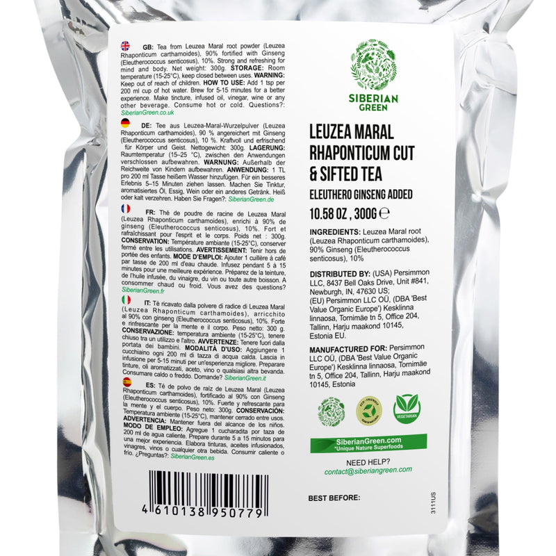 SiberianGreen.com Maral Leuzea Root with Eleuthero Siberian Ginseng - 100% Natural Powder Tea & Infusions