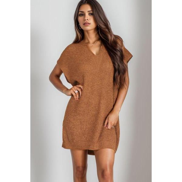 Notched Cap Sleeve Mini Sweater Dress