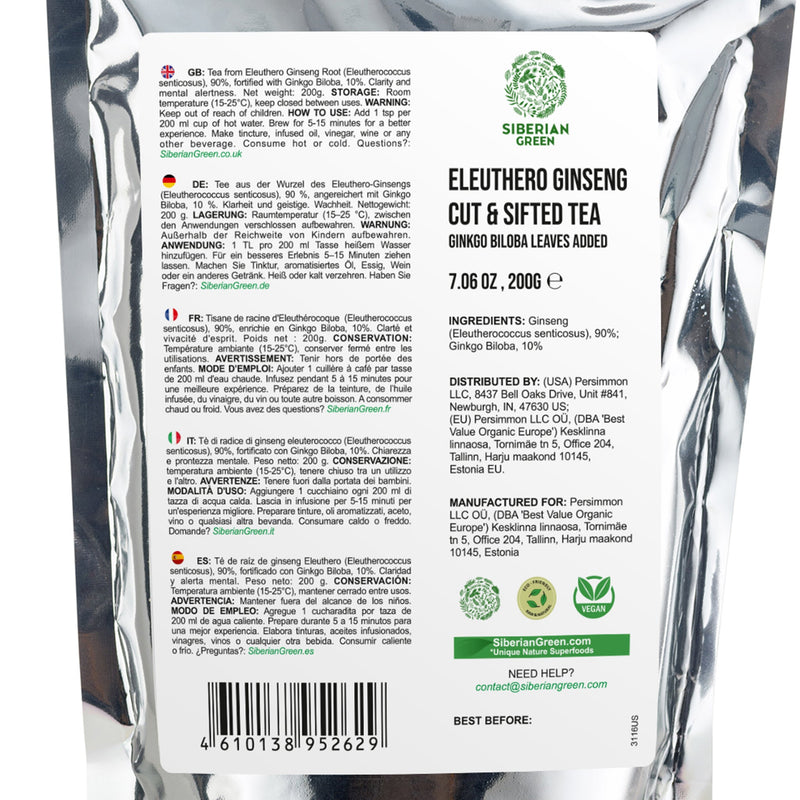 SiberianGreen.com Organic Siberian Ginseng Powder with 10% Ginkgo Biloba Tea & Infusions