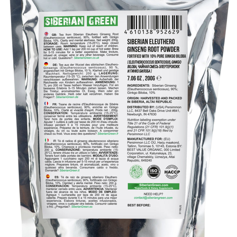SiberianGreen.com Organic Siberian Ginseng Powder with 10% Ginkgo Biloba Tea & Infusions