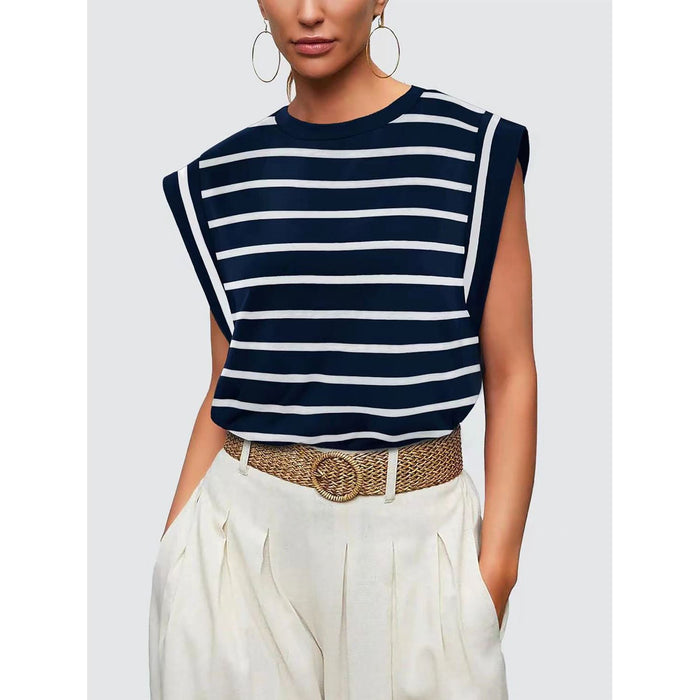 Striped Round Neck Cap Sleeve T-Shirt