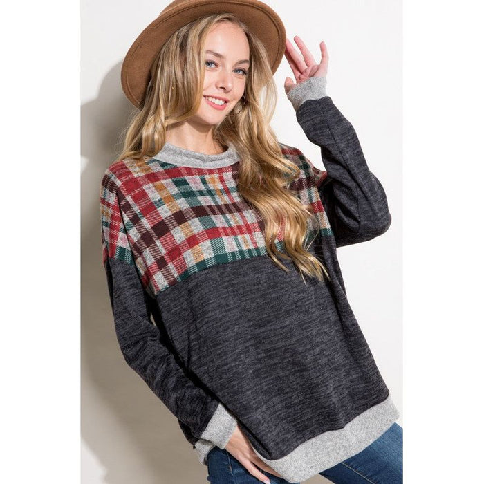 Plus Solid Plaid Mock Neck Top