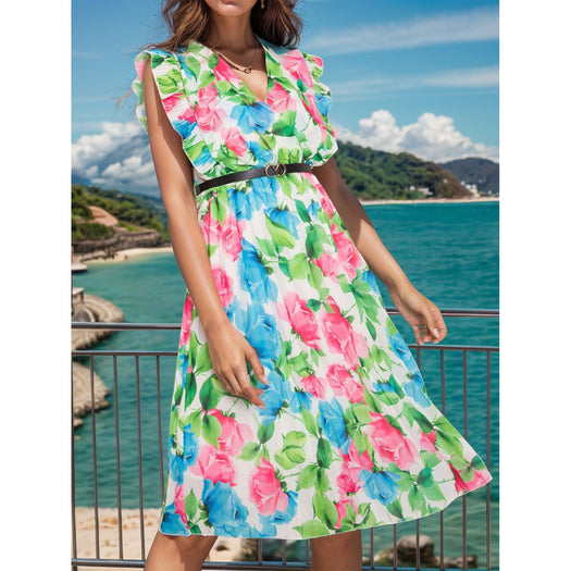 Ruffled Printed Surplice Cap Sleeve Dress