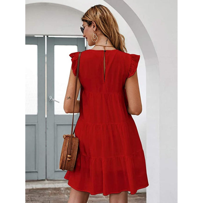 Ruffled Round Neck Cap Sleeve Mini Dress