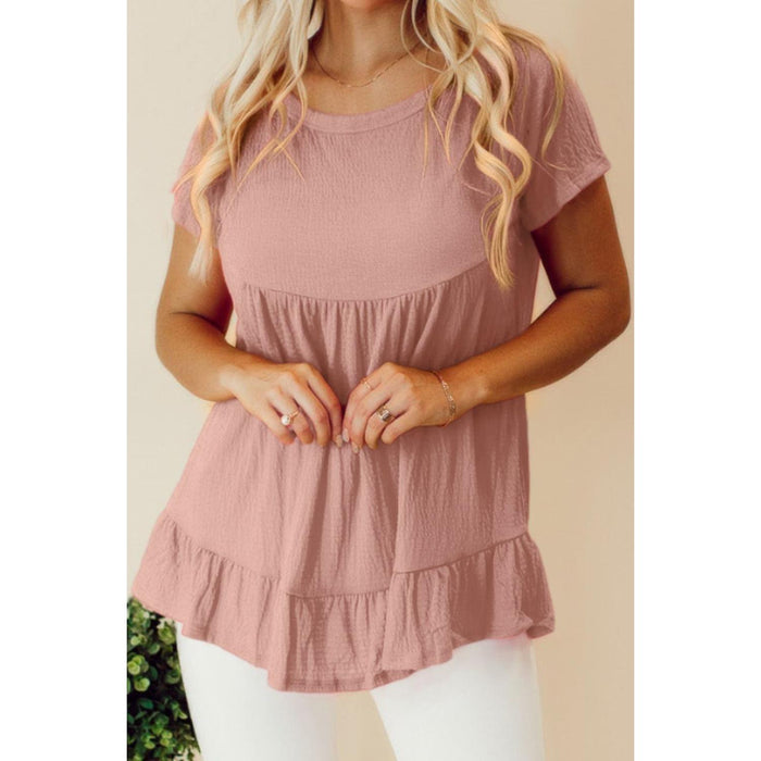 Ruffled Round Neck Short Sleeve Blouse