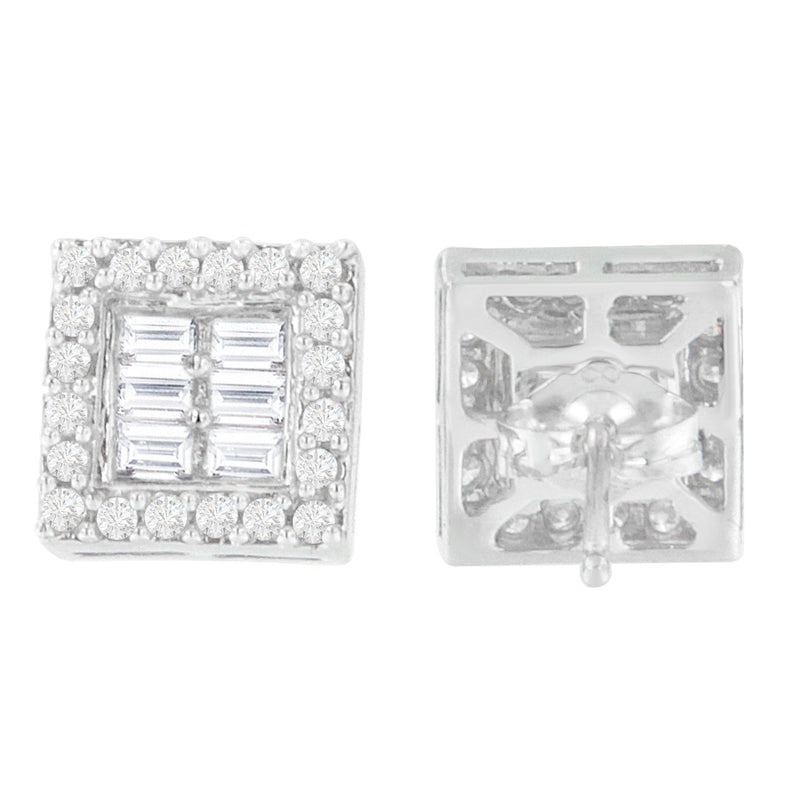 Bids.com 14K White Gold 1 cttw Round and Baguette Diamond Stud Earrings (H-I, SI1-SI2) Earrings