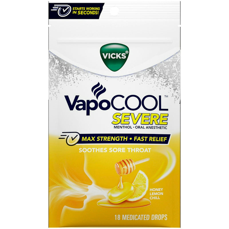 Vicks Vicks VapoCool Max Strength Severe Medicated Drops, Honey Lemon Chill, 18 ct Medicine & Drugs White Smoke