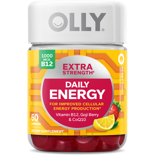Olly Olly Extra Strength Daily Energy Gummy, Caffeine Free, 1000mcg Vitamin B12, CoQ10, Goji Berry, Adult Chewable Supplement, Berry Yuzu Flavor Vitamins & Supplements