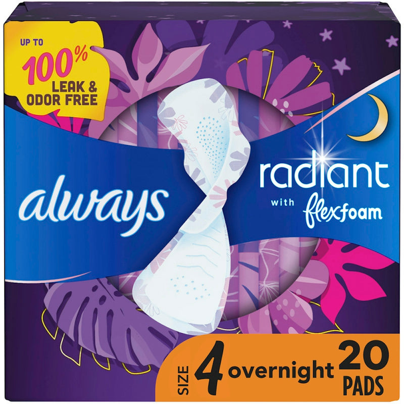 Always Always Radiant Feminine Pads with Wings, Size 1 Regular, 20 Count - FlexFoam Protection Feminine Pads & Protectors