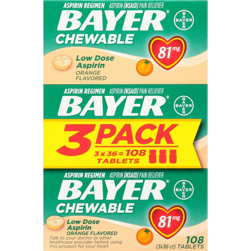 Bayer Bayer Aspirin, Low Dose, 81 Mg, Chewable Tablets, Orange Flavored, Value Pack,108ea Health & Beauty