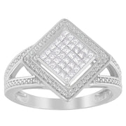 Bids.com .925 Sterling Silver 1/3 Cttw Invisible Set Princess-Cut Diamond Rhombus and Beaded Halo Ring (H-I Color, SI1-SI2 Clarity) - Ring Size 7 Rings