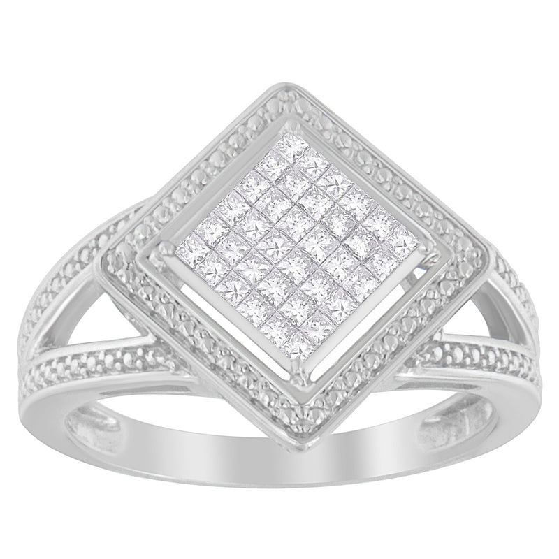 Bids.com .925 Sterling Silver 1/3 Cttw Invisible Set Princess-Cut Diamond Rhombus and Beaded Halo Ring (H-I Color, SI1-SI2 Clarity) - Ring Size 7 Rings