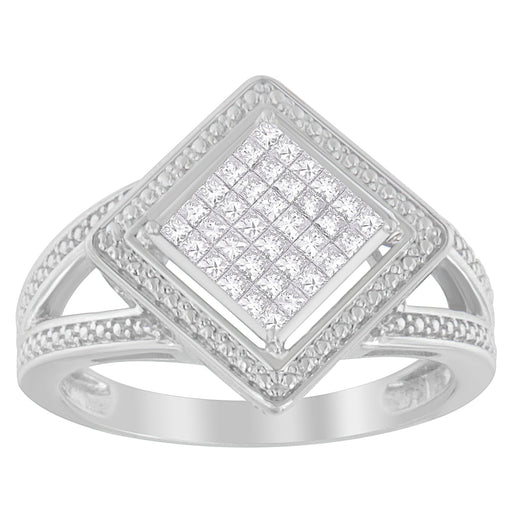 Bids.com .925 Sterling Silver 1/3 Cttw Invisible Set Princess-Cut Diamond Rhombus and Beaded Halo Ring (H-I Color, SI1-SI2 Clarity) - Ring Size 7 Rings