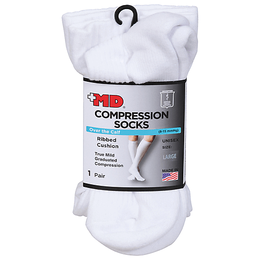 +MD +MD Md Ribbed Cushion Over The Calf Compression Socks White, Large Foot Care