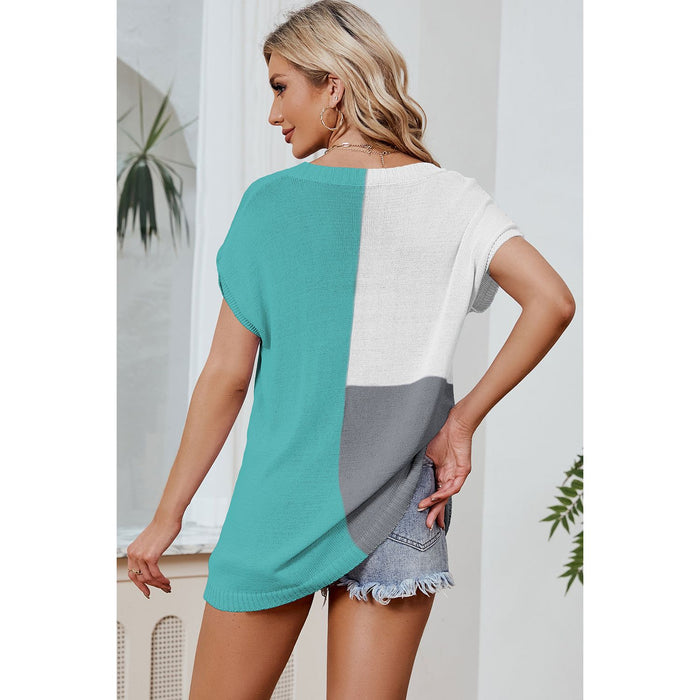 Color Block V-Neck Short Sleeve Knit Top