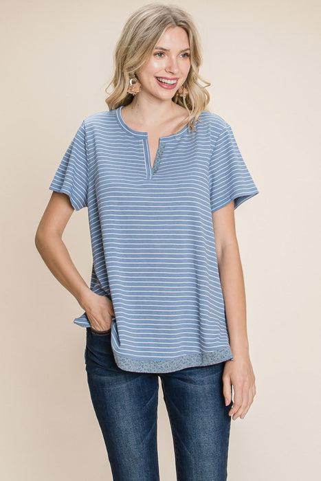 Striped Notched Short Sleeve T-Shirt