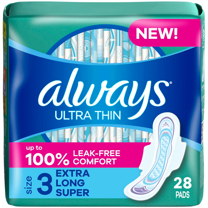 Always Always Ultra Thin Pads with Wings, Size 3 Extra Long Super, 28 Count Feminine Pads & Protectors Midnight Blue