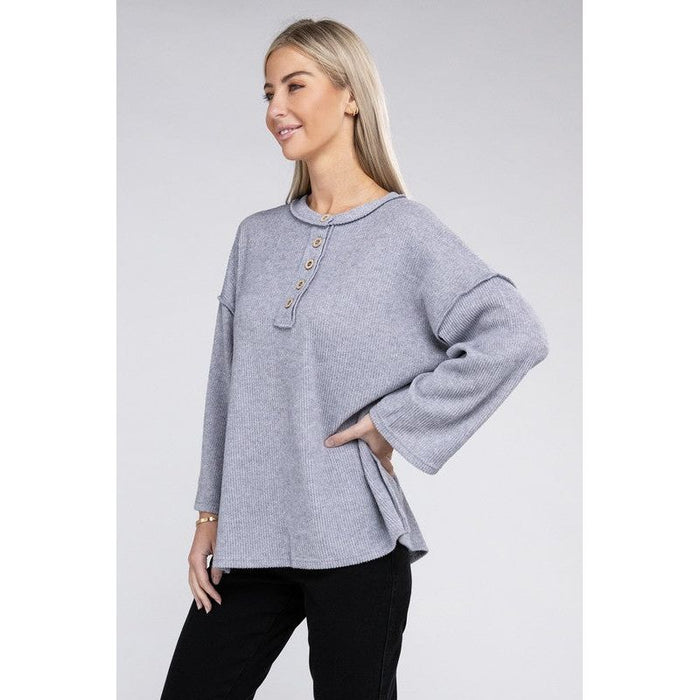 Ribbed Brushed Melange Hacci Henley Sweater