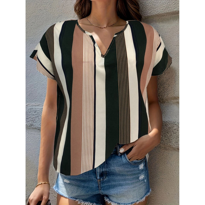 Striped Notched Short Sleeve Blouse