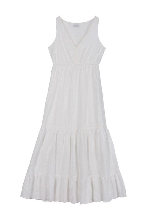 Lilou Embroidered White V Neckline Tiered Dress