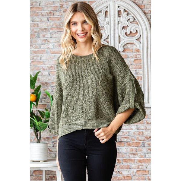 Veveret Round Neck Roll-Up Sweater