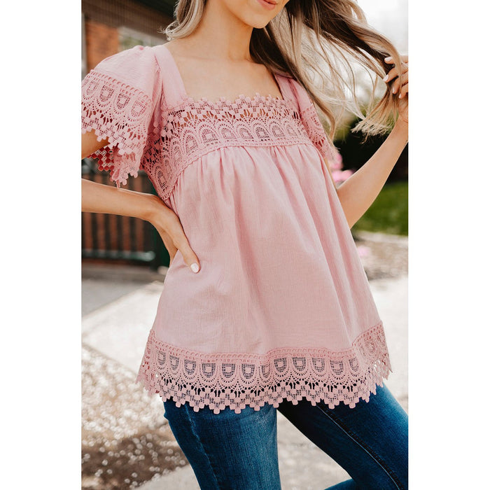 Lace Detail Square Neck Short Sleeve Blouse