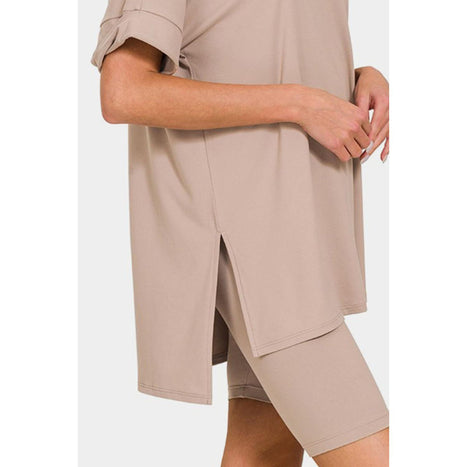 Zenana V-Neck Short Sleeve Slit T-Shirt and Shorts Set