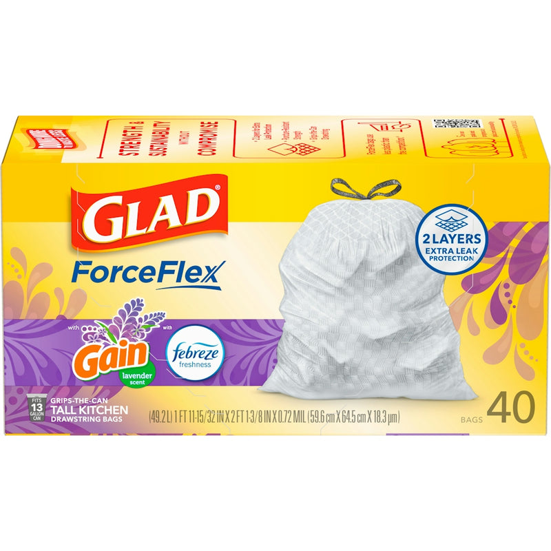 Glad Glad OdorShield Mediterranean Lavender Scent Drawstring Tall Kitchen 13 Gallon Trash Bags Paper & Plastic Shopping Bags