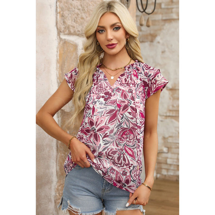 Printed Tie Neck Cap Sleeve Blouse