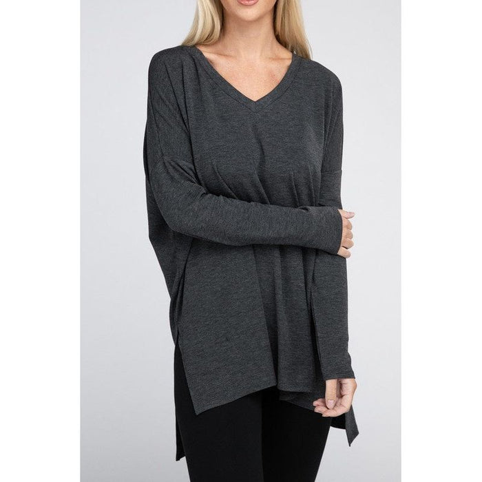 Dolman Long Sleeve V-Neck Side Slit Hi-Low Hem Top