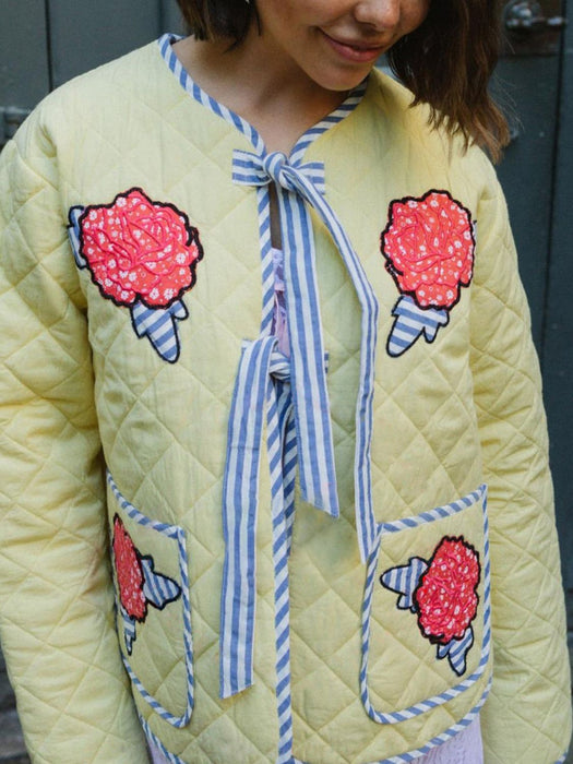 Embroidered Flower Tied Long Sleeve Winter Coat