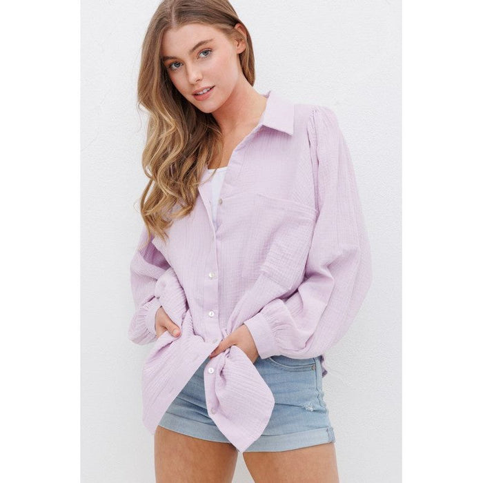 TEXTURED GAUZE BUTTON DOWN PUFF SLEEVES BLOUSE TOP