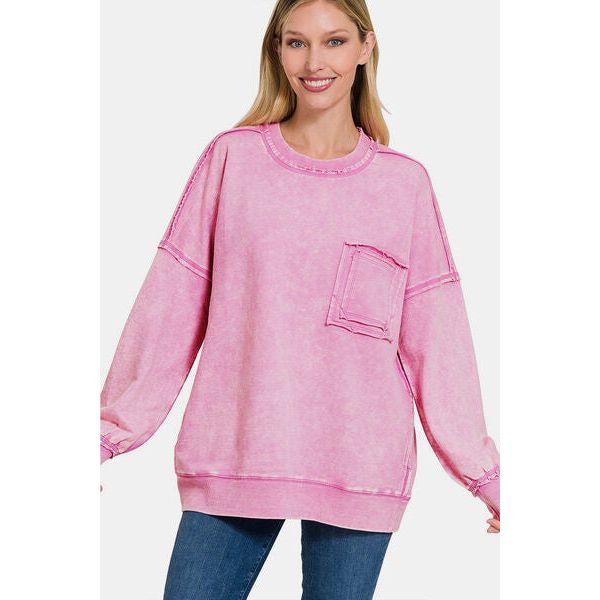 Zenana Exposed Seam Round Neck Dropped Shoulder Sweatshirt