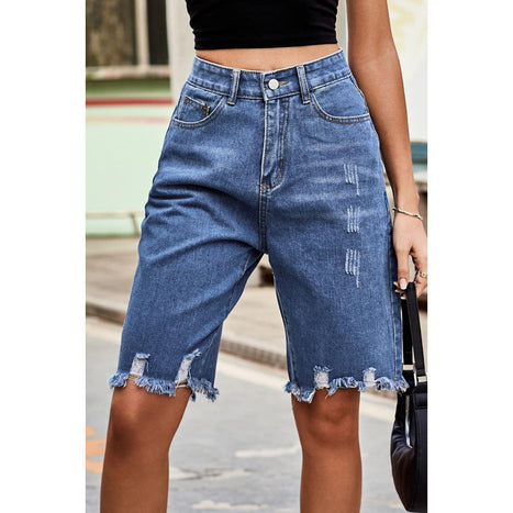 Raw Hem High Waist Denim Shorts with Pockets