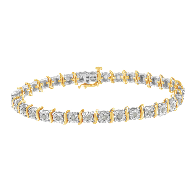 Bids.com Two-Tone 10K Yellow Gold over .925 Sterling Silver 1.0 Cttw Diamond S-Curve Link Miracle-Set Tennis Bracelet (I-J Color, I3 Clarity) - 7" Bracelets