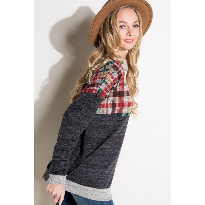 Plus Solid Plaid Mock Neck Top