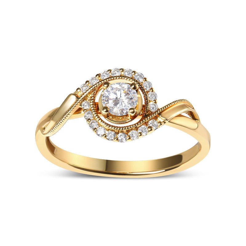 Bids.com 14K Yellow Gold 1/3 Cttw Diamond Solitaire and Halo Swirl Engagement Ring (G-H Color, VS2-SI1 Clarity)- Size 7 Rings