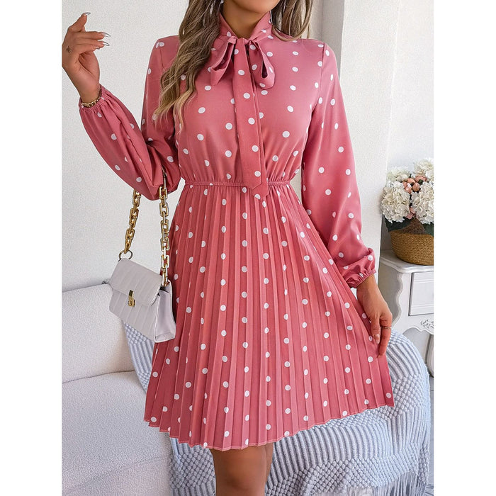 Polka Dot Tie Neck Pleated Dress