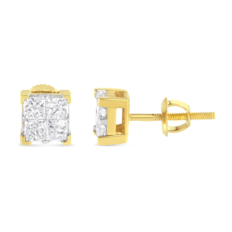 Bids.com 10K Yellow Gold 3/4 Cttw Invisible Set Princess-Cut Diamond Composite Square Stud Earrings (I-J Color, I2-I3 Clarity) Earrings