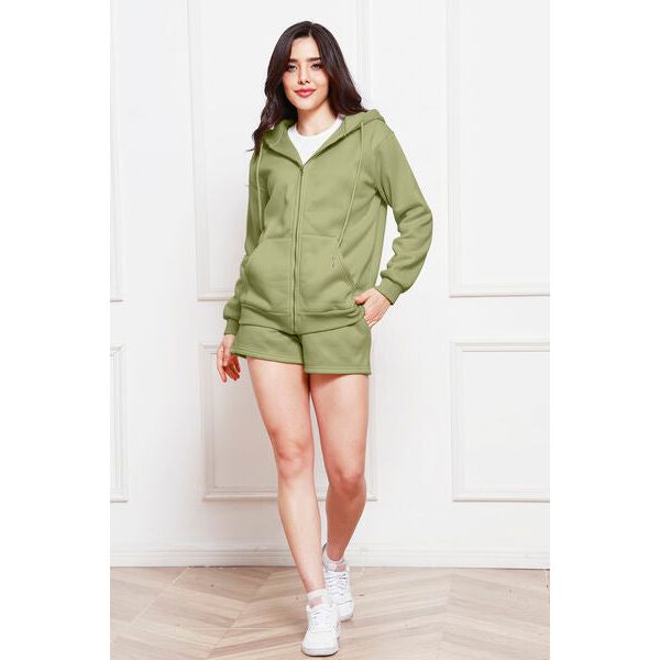 Zip Up Drawstring Hoodie and Shorts Set