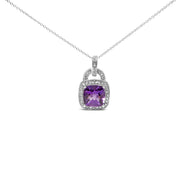 Bids.com .925 Sterling Silver 10X10 MM Cushion Purple Amethyst and Diamond Accent Halo 18" Pendant Necklace (I-J Color, I1-I2 Clarity) Necklaces