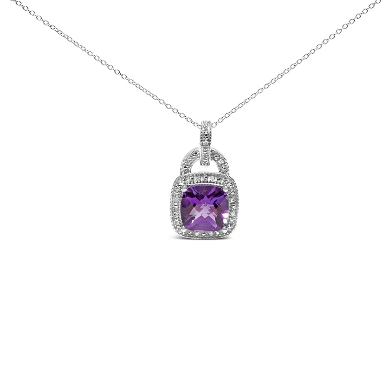 Bids.com .925 Sterling Silver 10X10 MM Cushion Purple Amethyst and Diamond Accent Halo 18" Pendant Necklace (I-J Color, I1-I2 Clarity) Necklaces