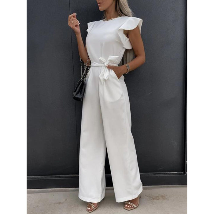 Ruffled Round Neck Cap Sleeve Jumpsuit