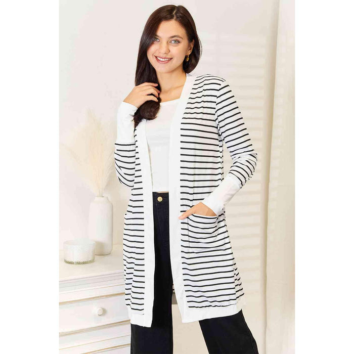 Double Take Striped Open Front Longline Cardigan