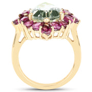 Bids.com 14K Yellow Gold Plated 7.21 Carat Genuine Green Amethyst and Rhodolite .925 Sterling Silver Ring Rings