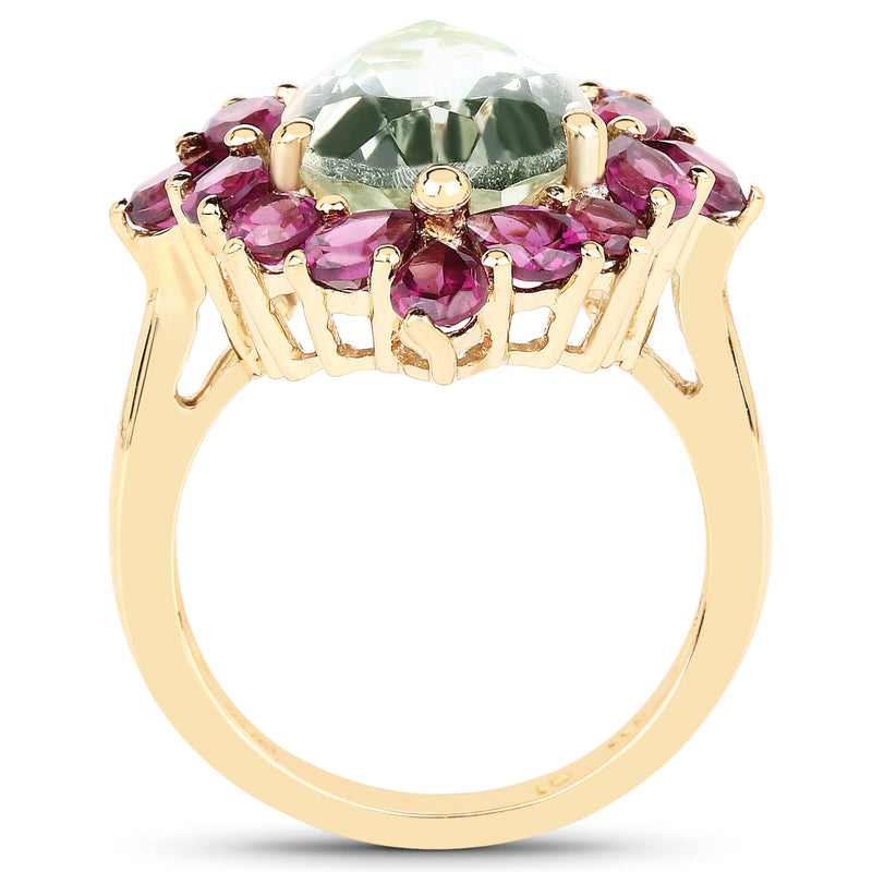 Bids.com 14K Yellow Gold Plated 7.21 Carat Genuine Green Amethyst and Rhodolite .925 Sterling Silver Ring Rings