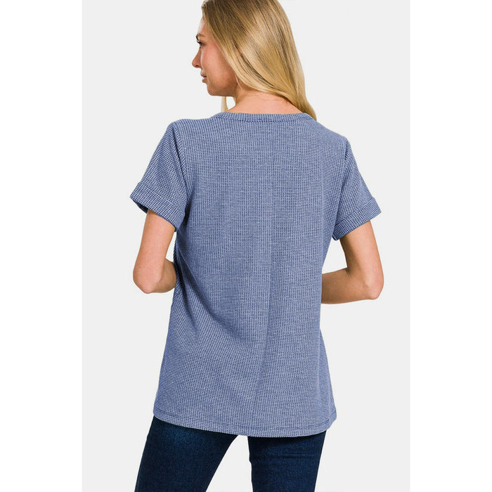 Zenana Notched Short Sleeve Waffle T-Shirt