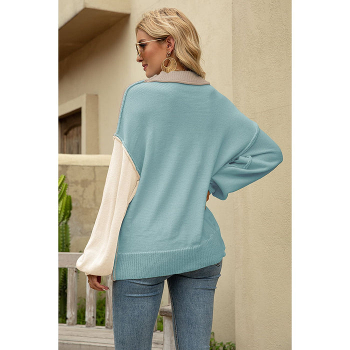 Color Block Round Neck Dropped Shoulder Sweater