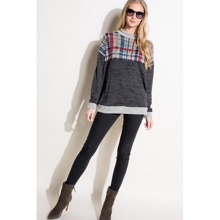 Plus Solid Plaid Mock Neck Top