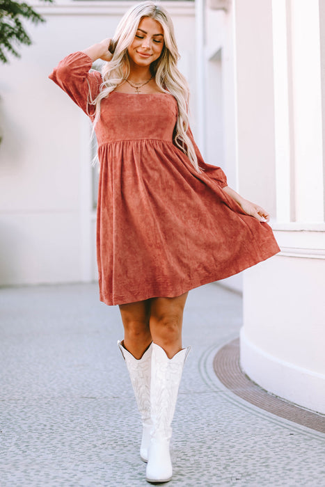 Suede Square Neck Puff Sleeve Dress